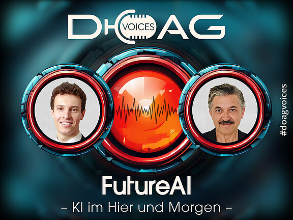DOAG VOICES FutureAI: Porträts von Host Dr. Benjamin Linnik und Gast Udo Latino neben einer stilisierten Schallwelle.