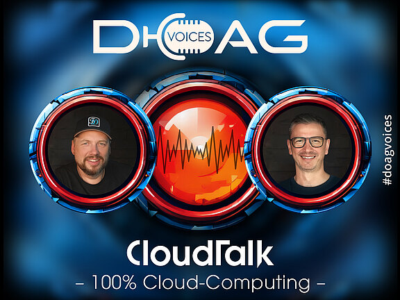 DOAG Voices CloudTalk: Porträtfotos von Dave König und Azmir Abdi in runden Mikrofon-Icons, mit Audiowellenform in der Mitte.