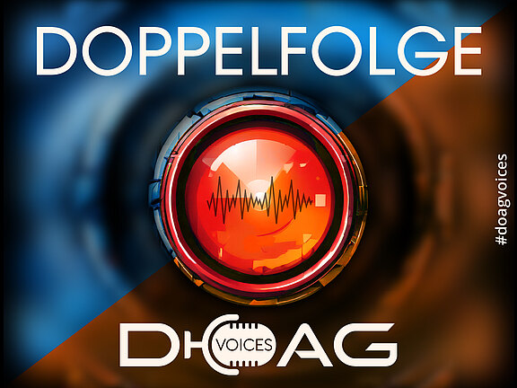 DOAG VOICES Doppelfolge: Banner mit Mikrofon-Icon, Audiowelle und Hashtag #doagvoices.