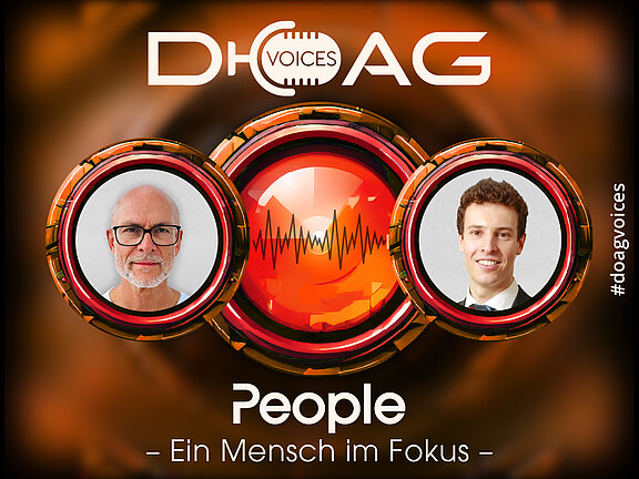 DOAG Voices People: Porträtfotos von Marcos López und Benjamin Linnik in runden Mikrofon-Icons, mit Audiowellenform in der Mitte.